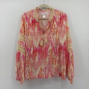 Stella Parker Collection Women XL Pink Orange Ikat Lace Trim Tassel Boho Blouse